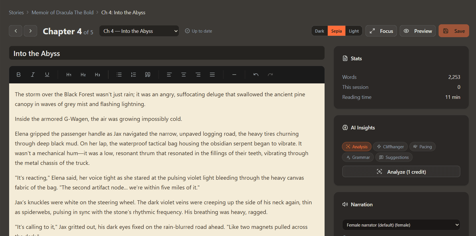 A chapter open in the FireForge editor, showing live word count, AI Insights tabs, and narration voice picker